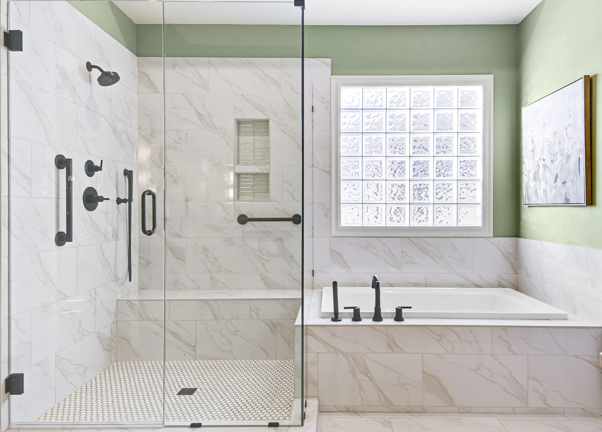 Modern bathroom remodel with custom tile walk-in shower in Kansas City