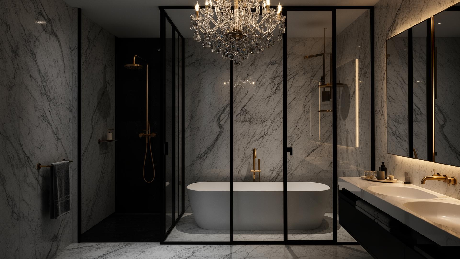 Luxury bathroom renovation with marble walls, freestanding tub, brass fixtures, and crystal chandelier
