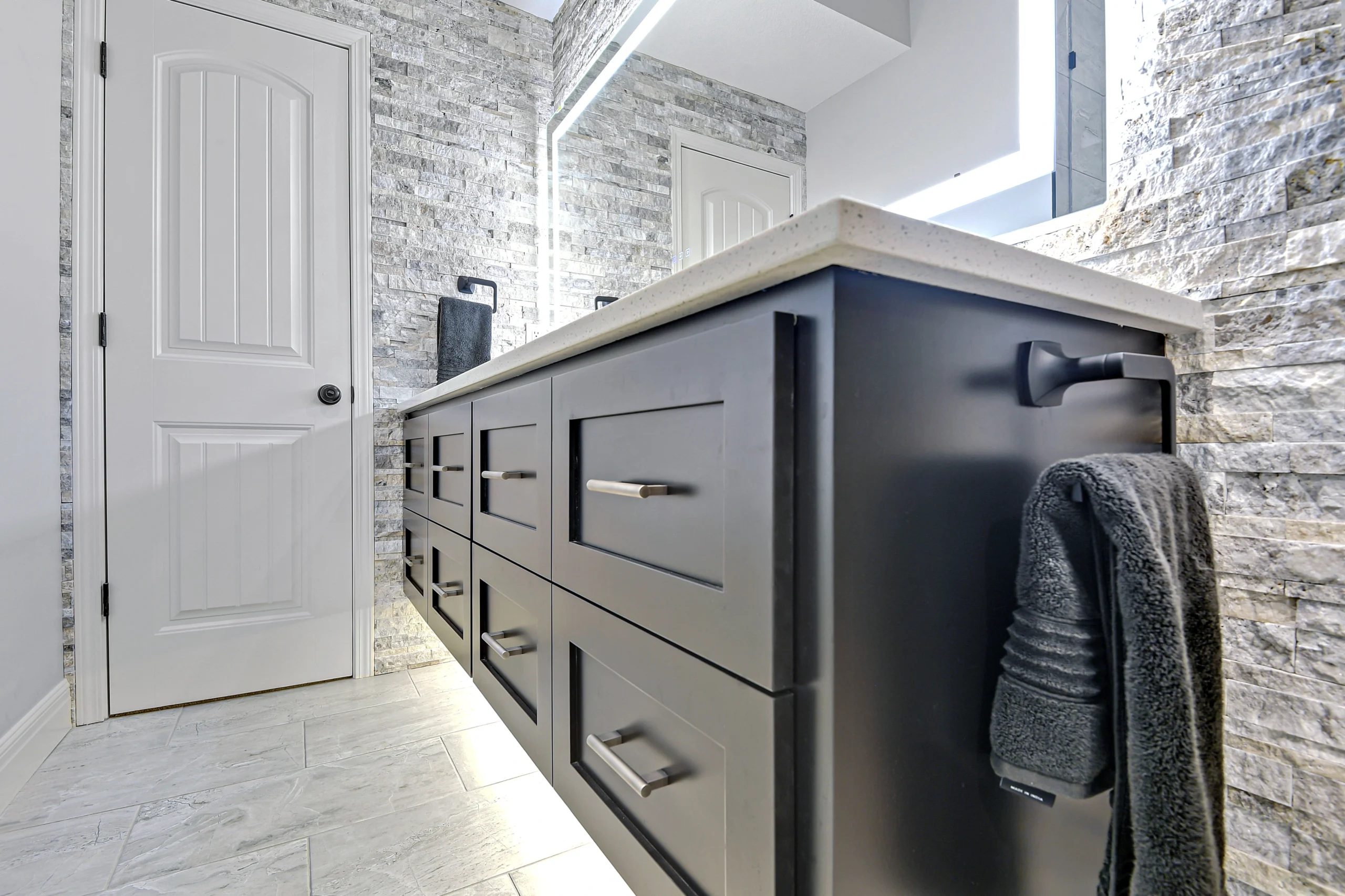 modern bathroom renovation in kansas city area with marble tile